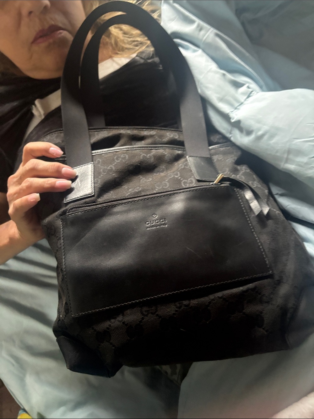 Gucci Black GG Canvas Messenger Tote with Leather Front Pocket